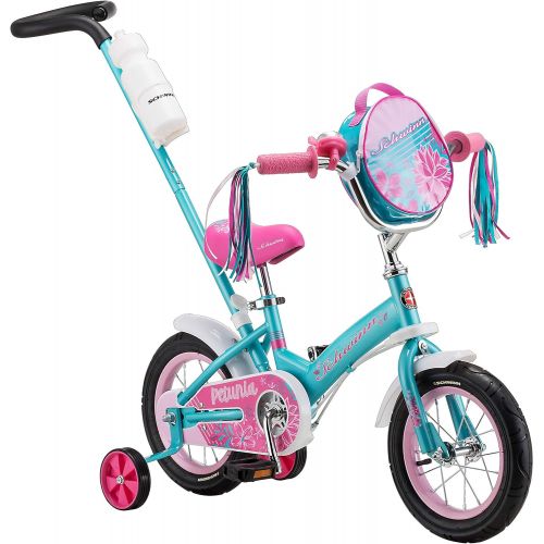  Schwinn Grit and Petunia Steerable Kids Bike, Boys and Girls Beginner Bicycle, 12 Inch Wheels, Training Wheels, Easily Removed Parent Push Handle with Water Bottle Holder, Multiple