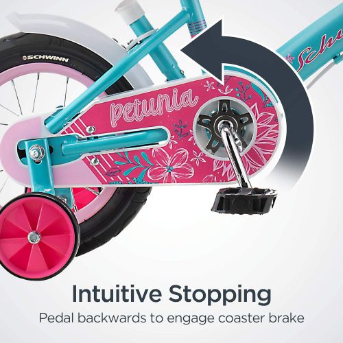  Schwinn Grit and Petunia Steerable Kids Bike, Boys and Girls Beginner Bicycle, 12 Inch Wheels, Training Wheels, Easily Removed Parent Push Handle with Water Bottle Holder, Multiple