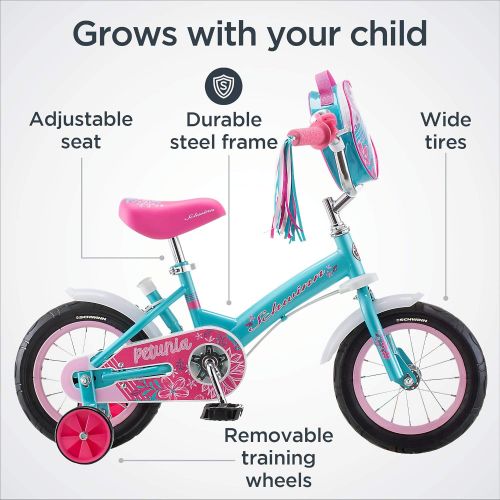  Schwinn Grit and Petunia Steerable Kids Bike, Boys and Girls Beginner Bicycle, 12 Inch Wheels, Training Wheels, Easily Removed Parent Push Handle with Water Bottle Holder, Multiple