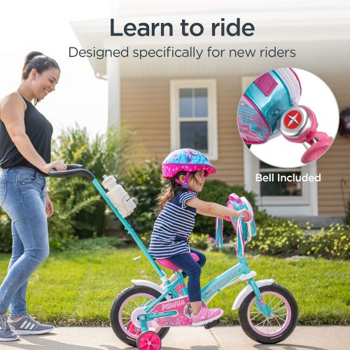  Schwinn Grit and Petunia Steerable Kids Bike, Boys and Girls Beginner Bicycle, 12 Inch Wheels, Training Wheels, Easily Removed Parent Push Handle with Water Bottle Holder, Multiple