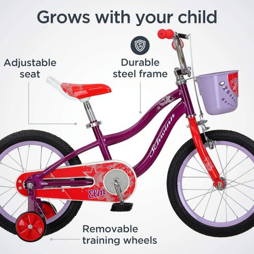  Schwinn Elm Girls Bike for Toddlers and Kids, 12, 14, 16, 18, 20 inch wheels for Ages 2 Years and Up, Pink, Purple or Teal, Balance or Training Wheels, Adjustable Seat
