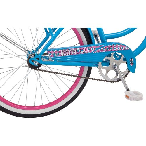  Schwinn Baywood Cruiser Bike, Featuring Steel Step-Through Frame and Single-Speed Drivetrain with Full Wrap Fenders, 24-Inch Wheels, Bright Blue