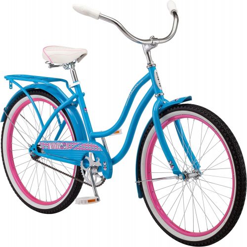  Schwinn Baywood Cruiser Bike, Featuring Steel Step-Through Frame and Single-Speed Drivetrain with Full Wrap Fenders, 24-Inch Wheels, Bright Blue