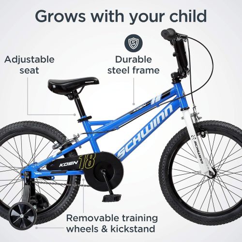  Schwinn Koen & Elm Toddler and Kids Bike, 18-Inch Wheels, Training Wheels Included, Blue