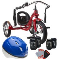 Schwinn Bundle Includes 3 Items Roadster 12-Inch Trike (Red) Childs Pad Set with Knee Elbow and Gloves and Bell Toddler Boys Shadow Helmet, Blue