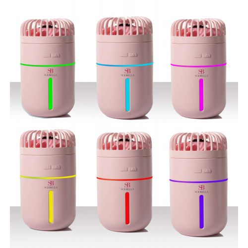  Sciobella Mini Humidifier with fan - USB Mini Humidifier for Bedroom, Office Desk, Travel,and Car - 400 ML 2 Mist Mode 7 LED Light Humidification Atomizer (Pink)