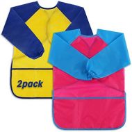 [아마존베스트]Scotamalone Art Smocks for Painting, 2 Pack, Child Aprons, Kids Waterproof Artist Painting Aprons Long Sleeve with 3 Pockets for Age 2-6 Years