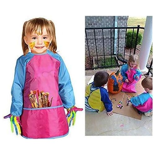  [아마존베스트]Scotamalone Art Smocks for Painting, 2 Pack, Child Aprons, Kids Waterproof Artist Painting Aprons Long Sleeve with 3 Pockets for Age 2-6 Years