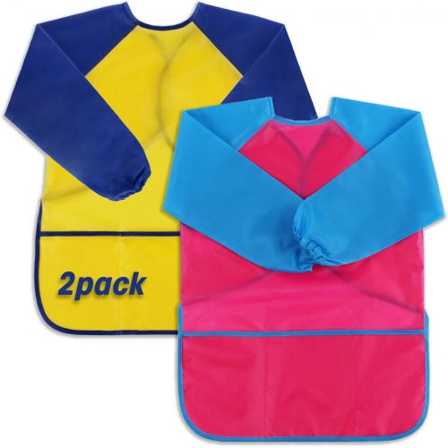  [아마존베스트]Scotamalone Art Smocks for Painting, 2 Pack, Child Aprons, Kids Waterproof Artist Painting Aprons Long Sleeve with 3 Pockets for Age 2-6 Years