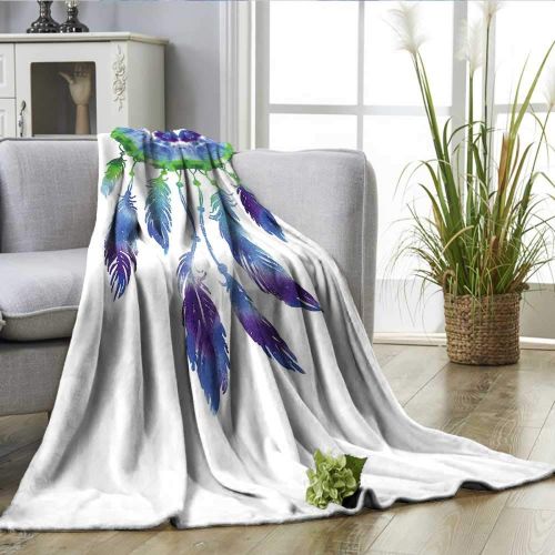  ScottDecor Native American Lightweight Thermal Blankets Dreamcatcher with Bird Feathers in Watercolor Painting Effect Ethnic Full Blanket White Teal Green W70 xL90