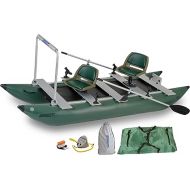 Sea Eagle 375fc FoldCat 1-2-Persons Inflatable Fishing Pontoon Boat, Lightweight & Portable, w/2 Green Swivel Seats, Pedestal, Oar Set, Scotty Rod Holders, Boat Bag, & Pump