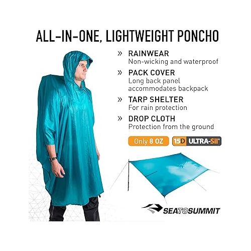  Sea to Summit Ultra-SIL Nano Tarp Poncho 4-in-1 Raincoat, Pack Cover, Groundsheet, and Shelter, Pacific Blue