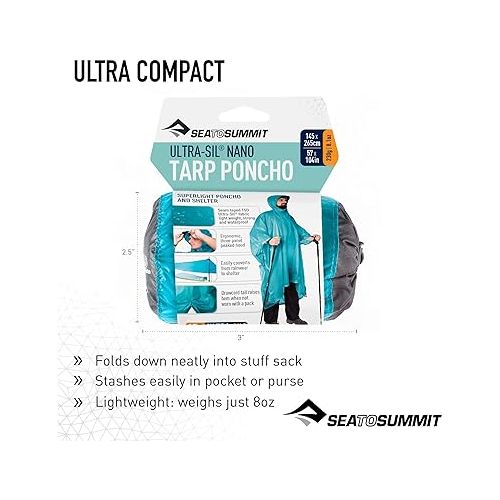  Sea to Summit Ultra-SIL Nano Tarp Poncho 4-in-1 Raincoat, Pack Cover, Groundsheet, and Shelter, Pacific Blue