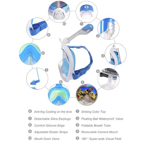  SeaELF Full Face Snorkel Mask Easybreath Foldable Anti-UV Ear Equalizer 180°Panoramic Seaview Anti-Leak Anti-Fog with Camera Mount Earplugs Portable Bag for Adult Youth Kids
