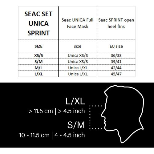  Seac Unica Sprint Schnorchelset Integralmaske Full Face und Flossen Unisex Erwachsene, Unisex - Erwachsene