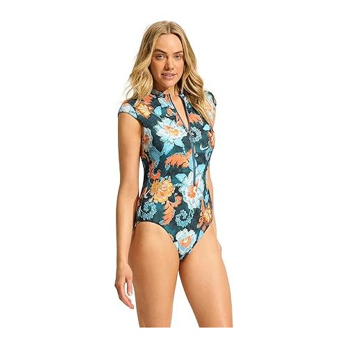  Seafolly Women's Standard Cap Sleeve Zip Front One Piece Swimsuit