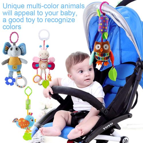  4 Piece Baby Stroller Toy Sensory Musical Toys for 0, 3, 6, 9, 12 Months, Sealive Soft Rattles Hanging Plush Activity Crib Car Seat Toys for Babies Boy Girl