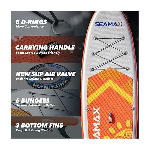  Seamax SeaDancer 108 Inflatable SUP Package, Dimensions L10'8ft x W32 x T6, Blue or Orange