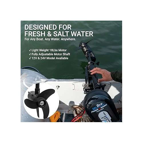  Seamax 12V PowerMax 2HP Brushless Trolling Motor, Stepless Speed Control, Equal to 65 Lb Thrust, 40 Inch Shaft