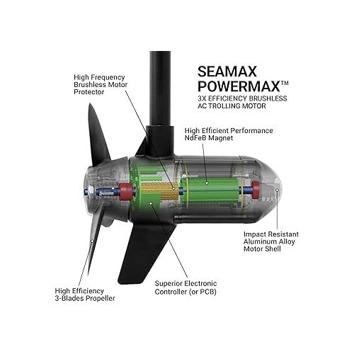  Seamax 12V PowerMax 2HP Brushless Trolling Motor, Stepless Speed Control, Equal to 65 Lb Thrust, 40 Inch Shaft