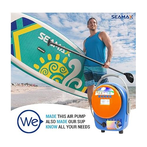  SEAMAX SUP Electric Air Pump for Inflatable Paddle Board & Boat, High Speed Double Stage for Inflation and Deflation, Max 20 PSI and Additional 5 Valve Fittings Included