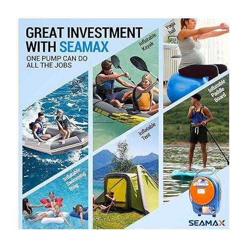  SEAMAX SUP Electric Air Pump for Inflatable Paddle Board & Boat, High Speed Double Stage for Inflation and Deflation, Max 20 PSI and Additional 5 Valve Fittings Included