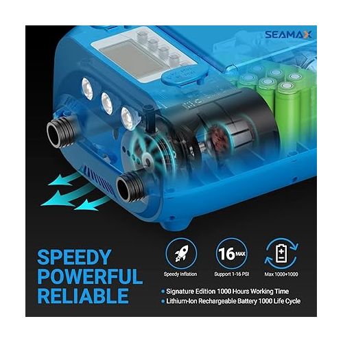  Seamax Sup 16DB PRO Double Stage 16PSI Electric Air Pump with Built-in Battery for Inflatable SUP and Boat, Intelligent Firmware with Built-in Temperature Sensor and Timer