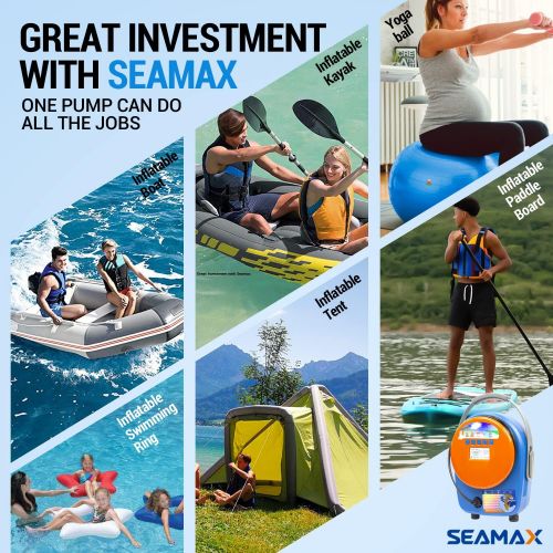  SEAMAX SUP Electric Air Pump for Inflatable Paddle Board & Boat, High Speed Double Stage for Inflation and Deflation, Max 20 PSI and Additional 5 Valve Fittings Included