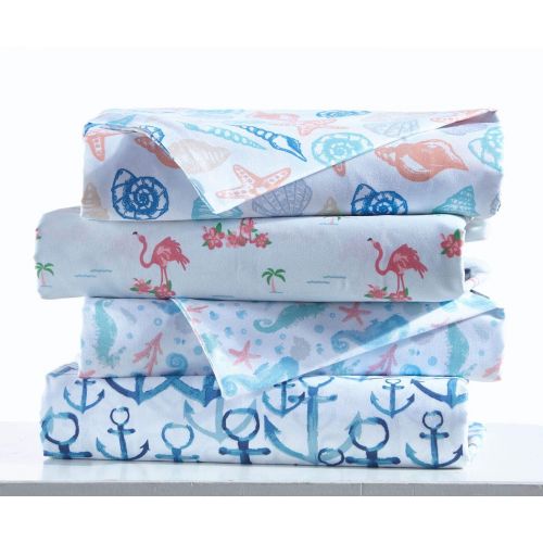  Seaside Resort Shells Sheet Set, King, Multi:White,Blue,Aqua,Coral,Gray,Tan