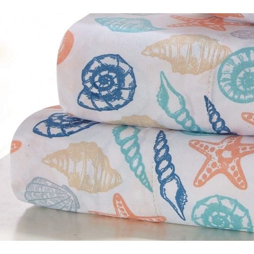  Seaside Resort Shells Sheet Set, King, Multi:White,Blue,Aqua,Coral,Gray,Tan