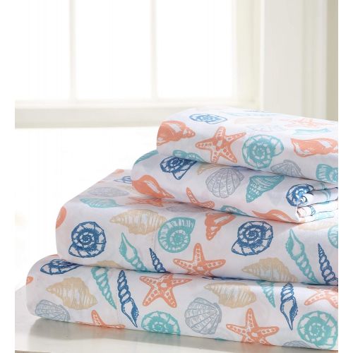  Seaside Resort Shells Sheet Set, King, Multi:White,Blue,Aqua,Coral,Gray,Tan