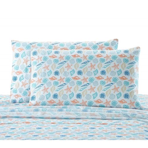  Seaside Resort Shells Sheet Set, King, Multi:White,Blue,Aqua,Coral,Gray,Tan