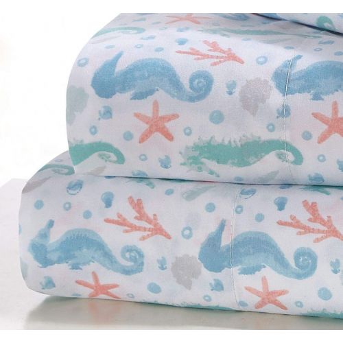  Seaside Resort Seahorses Sheet Set, King, Multi: White,Blue,Aqua,Coral