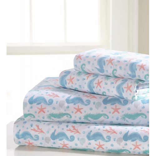  Seaside Resort Seahorses Sheet Set, King, Multi: White,Blue,Aqua,Coral