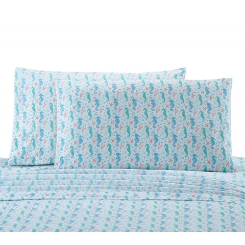  Seaside Resort Seahorses Sheet Set, King, Multi: White,Blue,Aqua,Coral