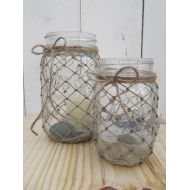 SeasideAndCountryUSA Fishing Net Mason Jar Candleholders - Beach Decor l Nautical Mason Jars