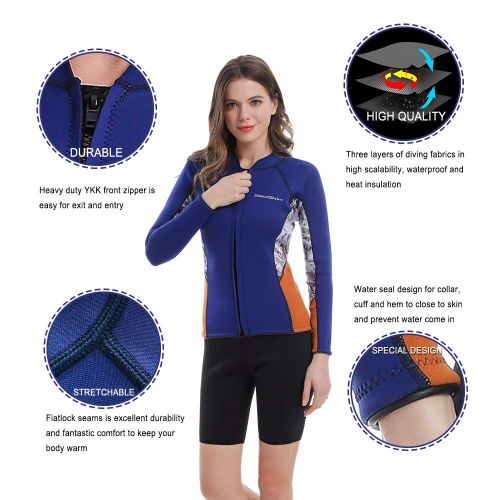  Seaskin Womens Wetsuit Top, 2mm Zip Wetsuit Jacket Long Sleeve for Canoeing Sea Kayaking Snorkeling Diving Water Aerobics