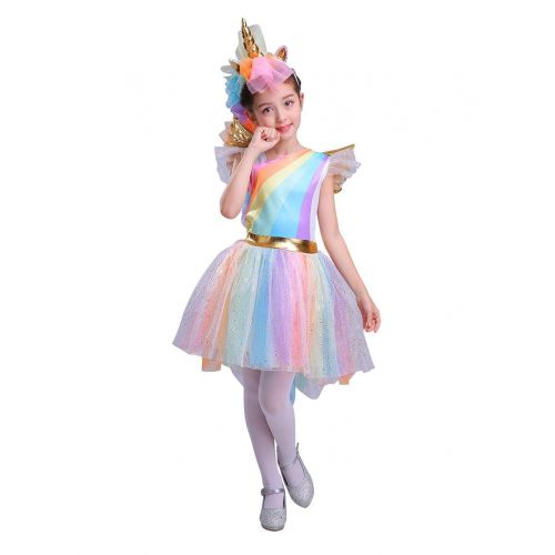  Seasons Direct Halloween Girls Rainbow Unicorn Costume with Wing and Headband