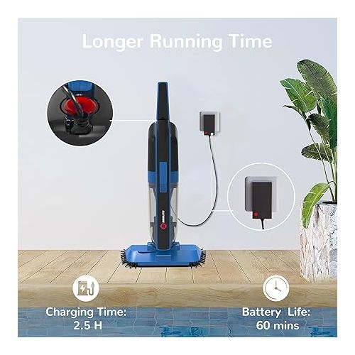  Cordless Pool Vacuum with Telescopic Pole, Handheld Rechargeable Pool Cleaner for Deep Cleaning with 60 Mins Runtime, Powerful Suction, Ideal for Pools, Spas and Hot Tub (Blue)