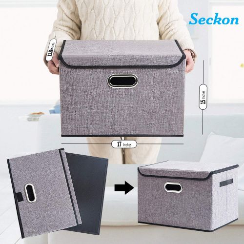  Seckon Collapsible Storage Box Container Bins with Lids Covers[2Pack] Large Odorless Linen Fabric Storage Organizers Cube with Metal Handles for Office, Bedroom, Closet, Toys