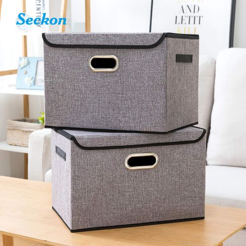  Seckon Collapsible Storage Box Container Bins with Lids Covers[2Pack] Large Odorless Linen Fabric Storage Organizers Cube with Metal Handles for Office, Bedroom, Closet, Toys