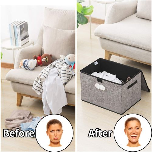  Seckon Collapsible Storage Box Container Bins with Lids Covers[2Pack] Large Odorless Linen Fabric Storage Organizers Cube with Metal Handles for Office, Bedroom, Closet, Toys