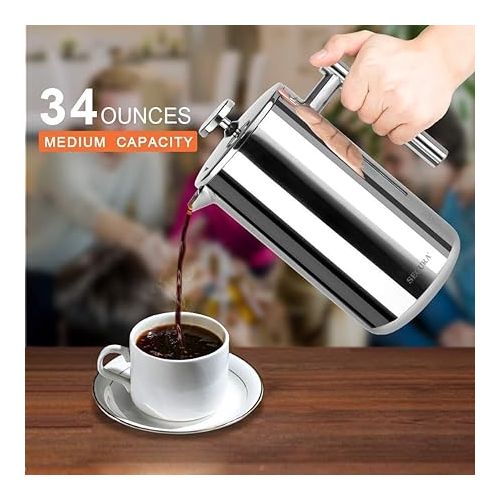  Secura French Press Coffee Maker, 304 Grade Stainless Steel Insulated Coffee Press with 2 Extra Screens, 34oz (1 Litre), Silver