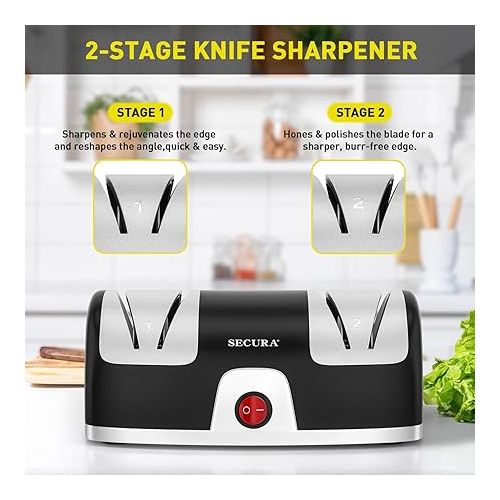  Secura 2-Stage Electric Knife Sharpener with Diamond Abrasives and Precision Angle Guides, Professional Sharpening Tool for Kitchen Straight Edge and Ceramic Knife, Black