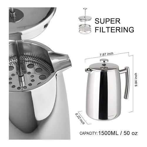  Secura French Press Coffee Maker, 50-Ounce, 304 Stainless Steel Insulated Coffee Press with Extra Screen