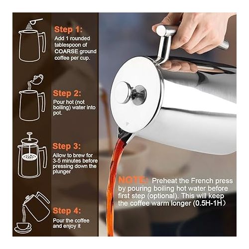  Secura French Press Coffee Maker, 50-Ounce, 304 Stainless Steel Insulated Coffee Press with Extra Screen