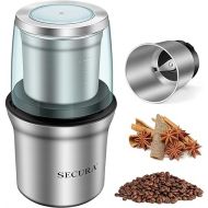 Secura Electric Coffee Grinder and Spice Grinder with 1 Stainless Steel Blades Removable Bowls, Dry Grinding