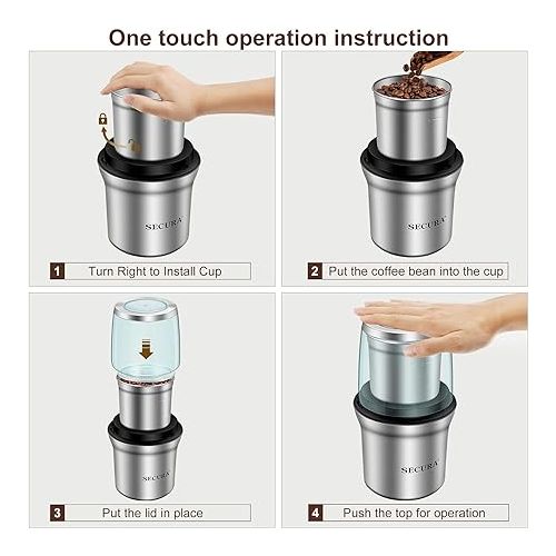  Secura Electric Coffee Grinder and Spice Grinder with 1 Stainless Steel Blades Removable Bowls, Dry Grinding