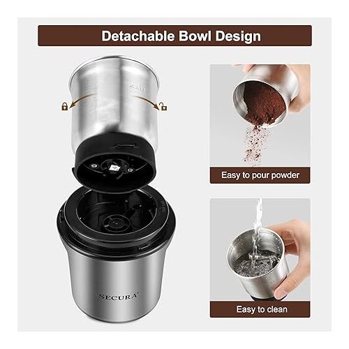  Secura Coffee Grinder Electric, 2.5oz/75g Large Capacity Spice Grinder Electric, Coffee Bean Grinder with 1 Stainless Steel Blades Removable Bowl