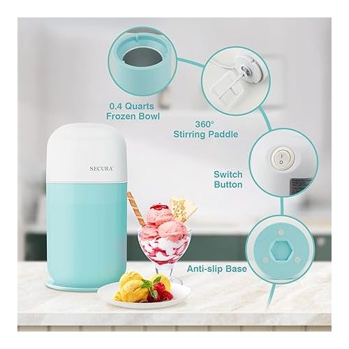  Secura Ice Cream Maker Mini Electric Ice Cream Machine for Quick Homemade Gelato, Sorbet, Frozen Yogurt with Mixing Spoon & Recipe Book, BPA-free, 0.4qt Aqua